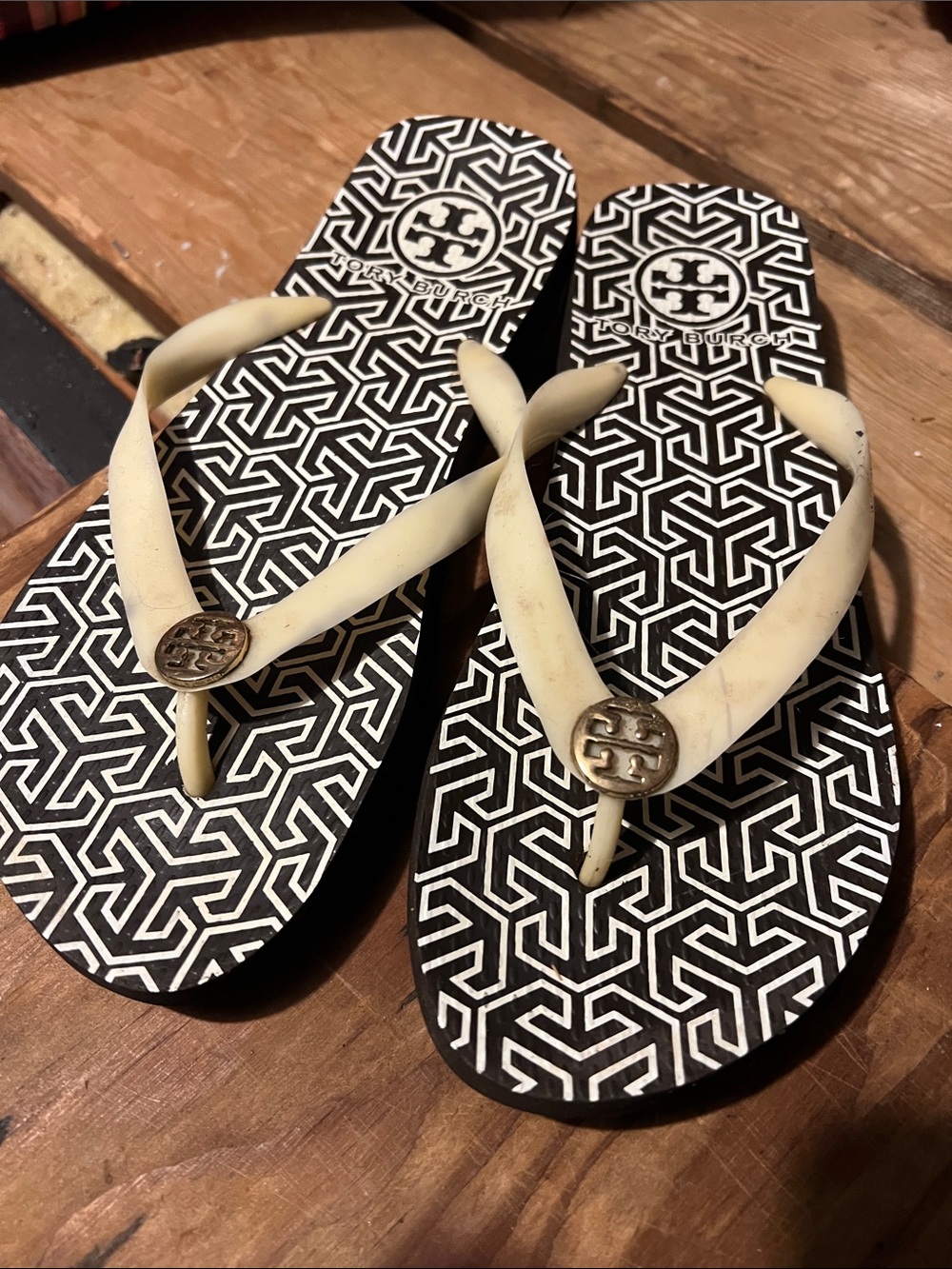 Tory Burch Black & Cream Logo Thong Sandals
